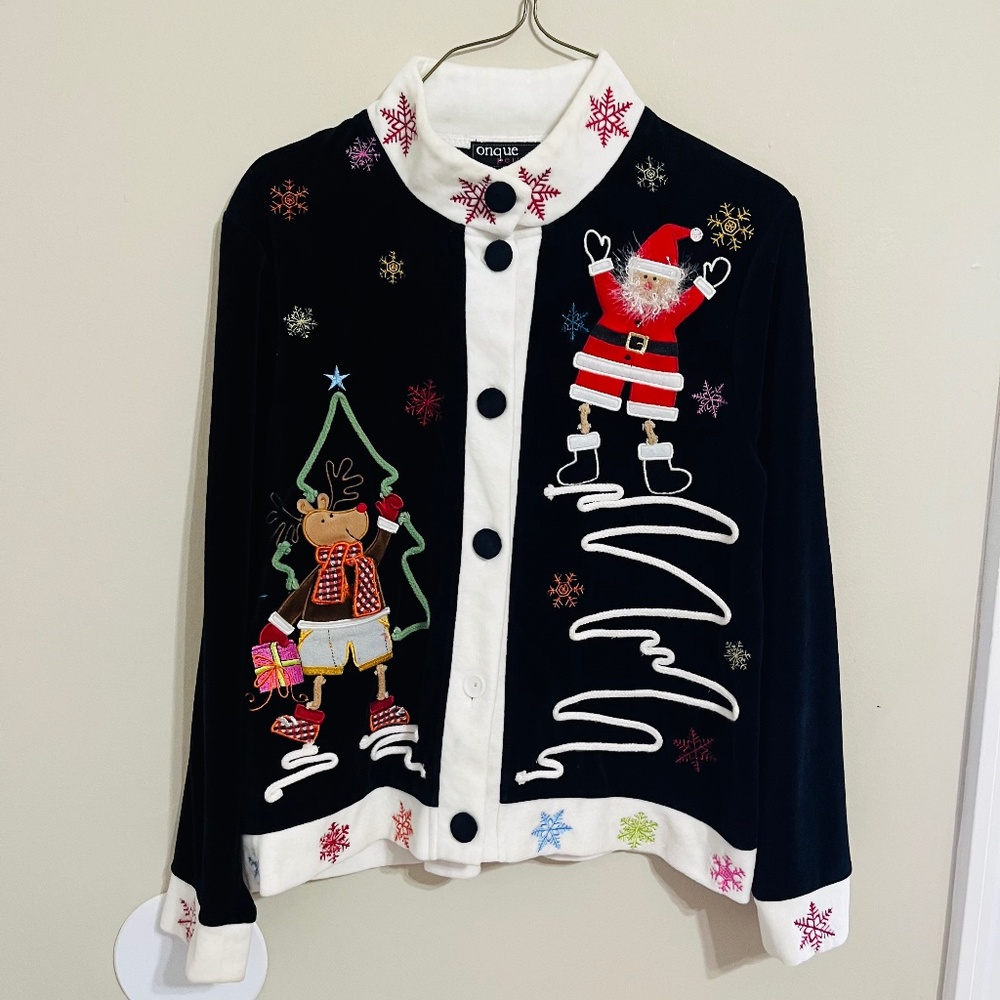 Women’s Onque Christmas Cardigan Embroidered Velour Size P/Small